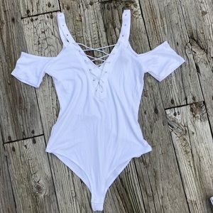 White Ribbed Lace Up Bodysuit
